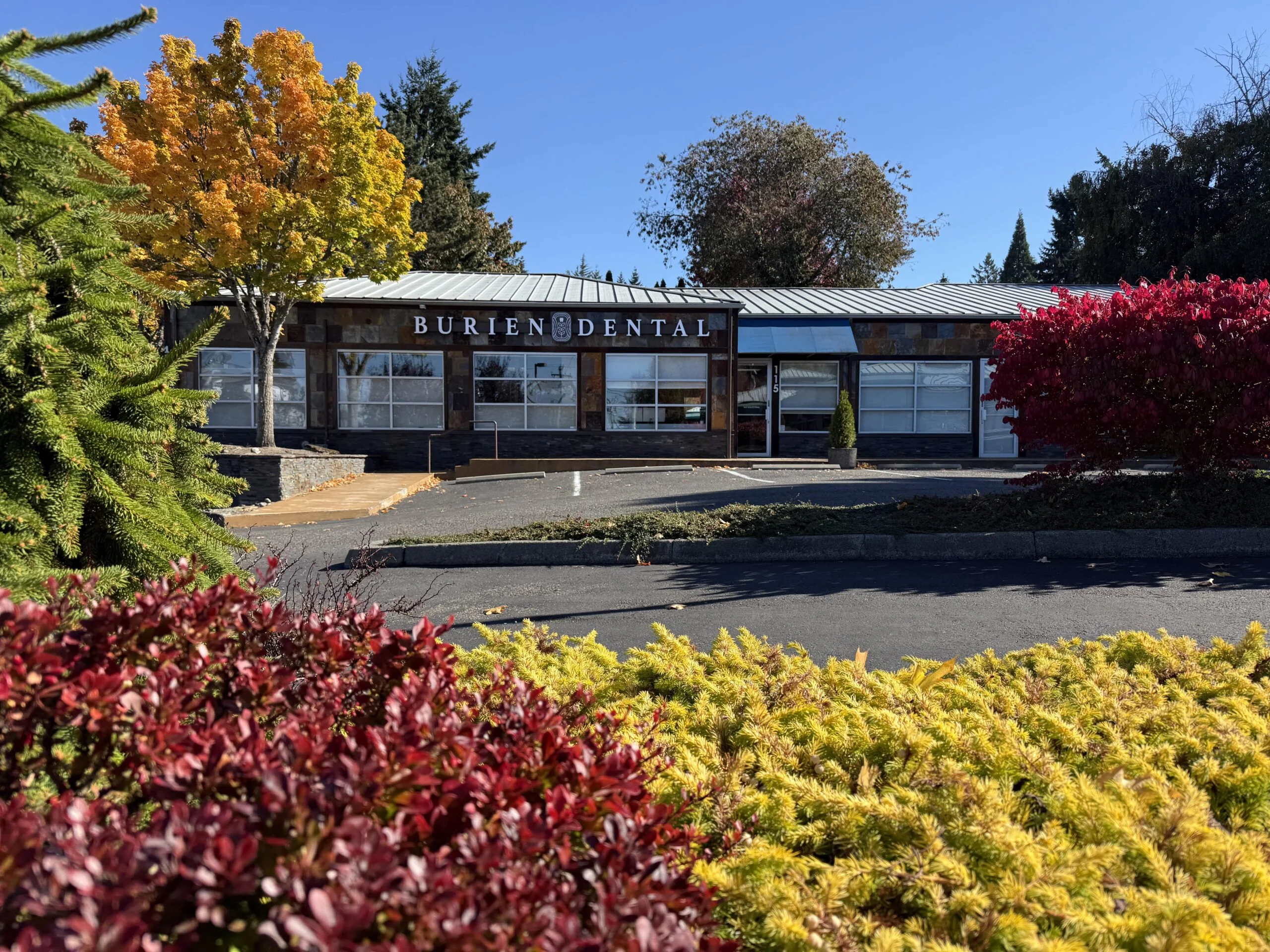 Front view of Burien Dental’s office entrance, featuring large windows and fall-colored trees.