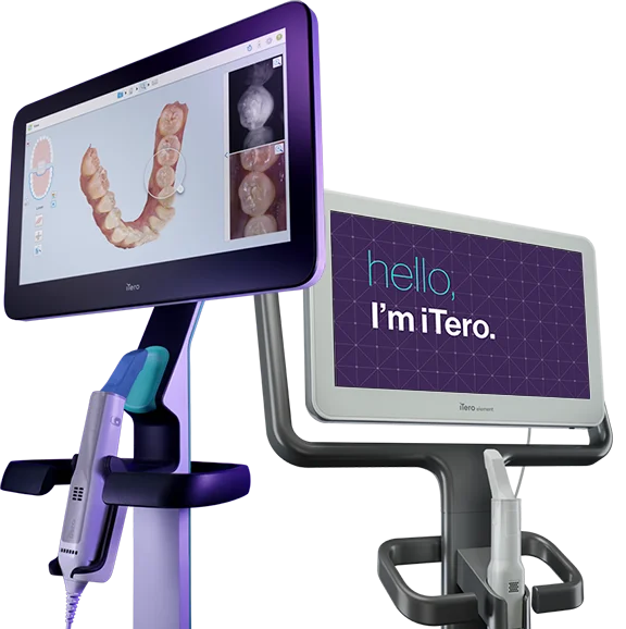 iTero Element scanner on a mobile stand, featuring a touchscreen displaying a 3D digital dental scan, with a connected handheld intraoral scanner mounted on the side.