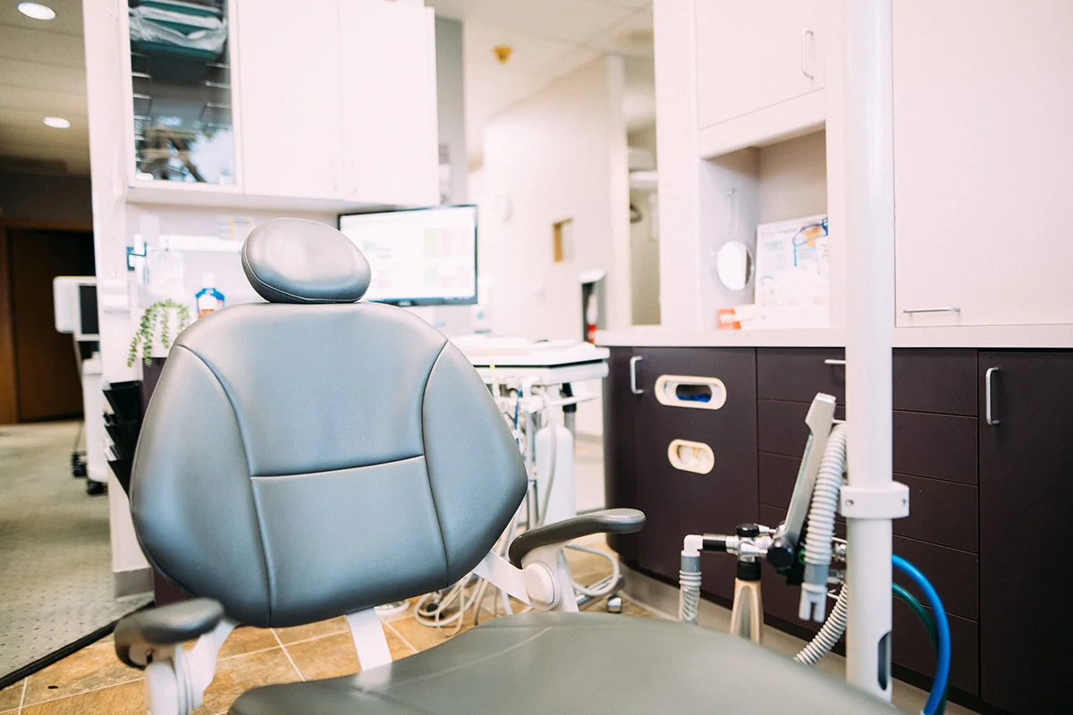 Modern dental treatment chair in the examination room at Burien Dental office in Burien, WA