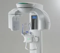 Cone beam CT scanner used for detailed 3D dental imaging, featuring a patient positioning frame and a compact design for accurate diagnostic scans.