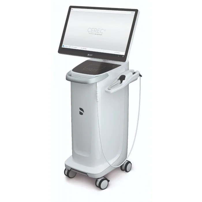 CEREC Omnicam scanner, a high-tech dental imaging system used for digital impressions and same-day restorations, featuring a sleek, mobile design with an integrated touchscreen.